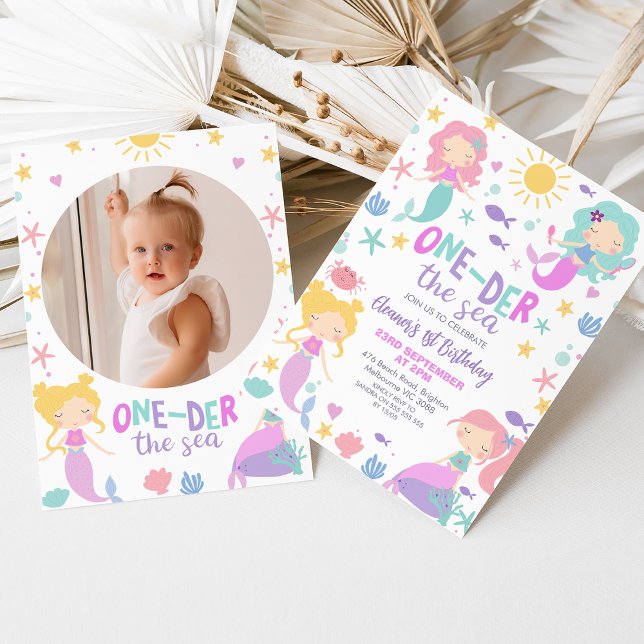 Sjöjungfru av skalfoto 1:a födelsedagen inbjudningar (Editable Oneder the Sea Mermaid 1st Birthday Invitation, First 1st Mermaid Birthday, Little Mermaid )