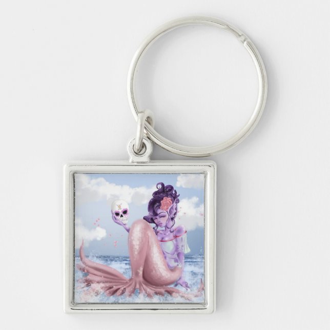 Sjöjungfru av sockerskull fyrkantig silverfärgad nyckelring (Framsidan)