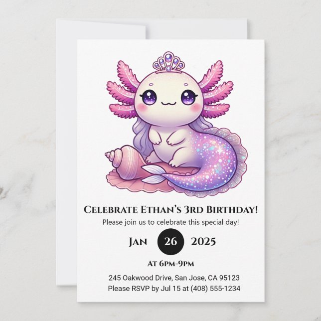 Sjöjungfru Axolotl Princess Birthday Inbjudningar (Framsida)