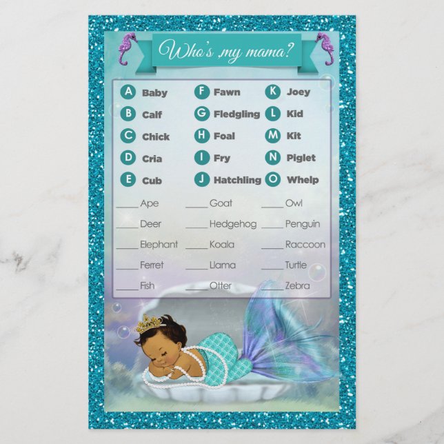 Sjöjungfru Baby Shower Animal Match Game #136 Medi (Framsida)