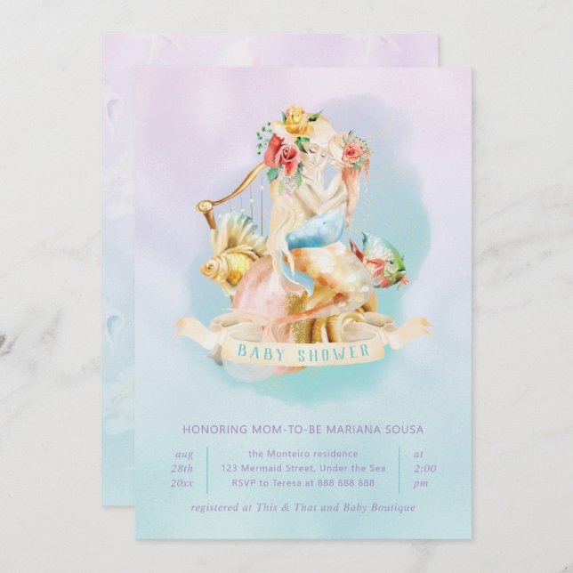 Sjöjungfru Baby Shower Girl under Sea Lavender Tea Inbjudningar (Fram/baksida)