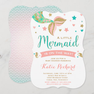 Sjöjungfru Baby Shower-inbjudan - skalkoral Guld Inbjudningar