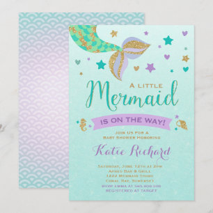 Sjöjungfru Baby Shower-inbjudan till Lila Guld Inbjudningar