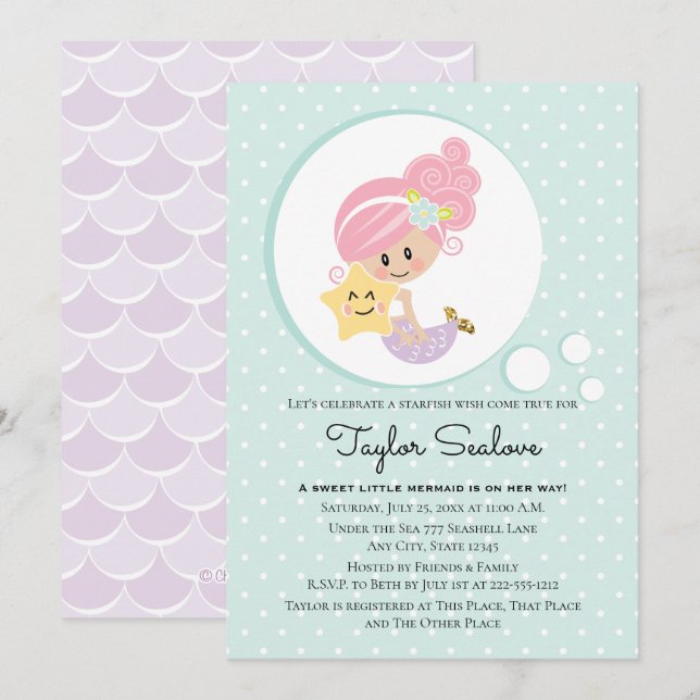 Sjöjungfru Baby Shower Ljus Hy Ton Inbjudningar (Fram/baksida)