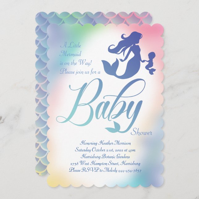 Sjöjungfru Baby Shower under Sea Pastel Inbjudningar (Fram/baksida)