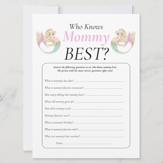Sjöjungfru Baby Shower. Vem känner till Mamma poka Inbjudningar (Framsida)