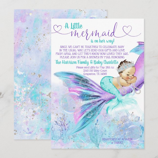 Sjöjungfru Baby Shower via Post Inbjudningar (Fram/baksida)