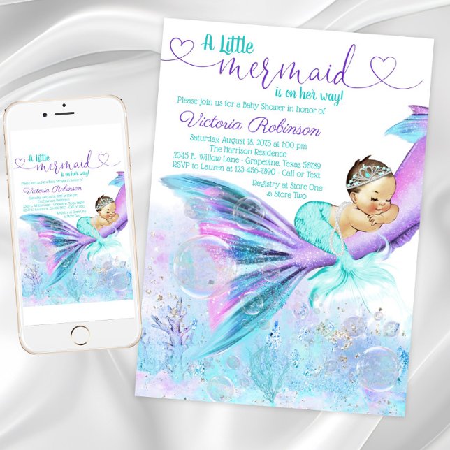 Sjöjungfru Babyflicka Babyfirande Inbjudningar (Mermaid Baby Girl Baby Shower Invitation. Instant download and printed invitations available.)