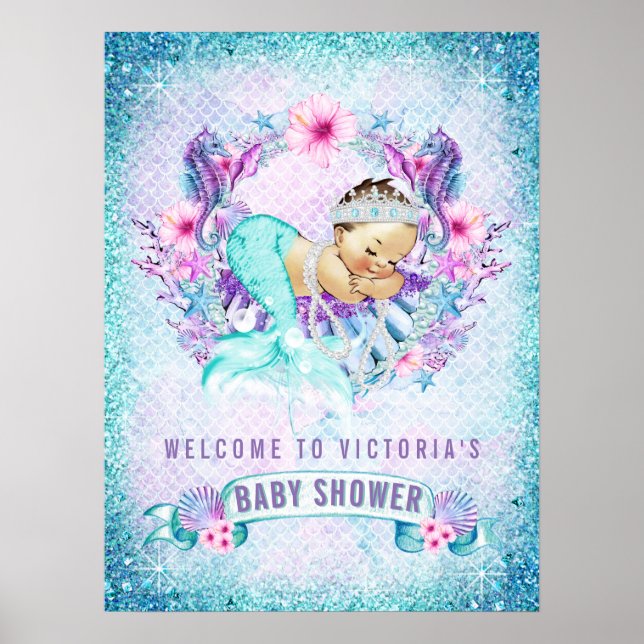 Sjöjungfru Babyflicka Shower Välkomstskyltar Poster (Framsidan)