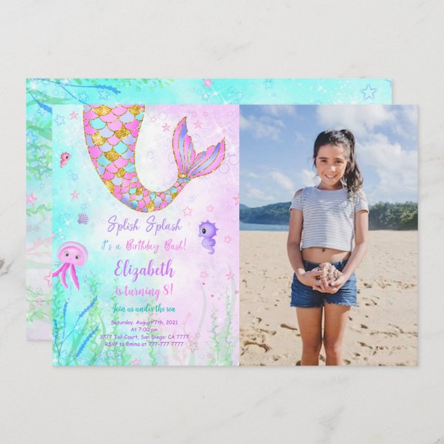 Sjöjungfru barn födelsedagsfoto inbjudan (Fram/baksida)
