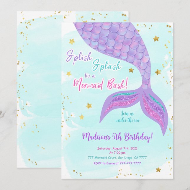 Sjöjungfru Barnkalasinbjudan Under Havet Inbjudningar (Fram/baksida)