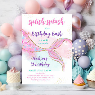 Sjöjungfru Bassäng Party Rosa Guld födelsedag Inbjudningar