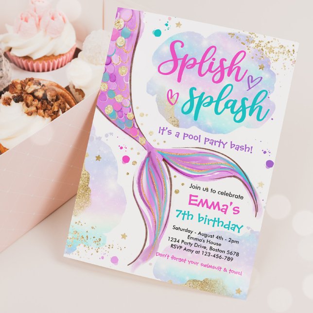 Sjöjungfru Bassäng Party Rosa Sjöjungfru under hav Inbjudningar (Skapare uppladdad)