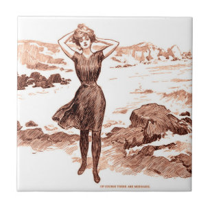 Sjöjungfru Beach Gibson Girl Victorian Antique Kakelplatta
