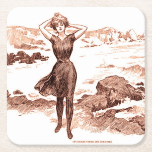 Sjöjungfru Beach Gibson Girl Victorian Antique Underlägg Papper Kvadrat