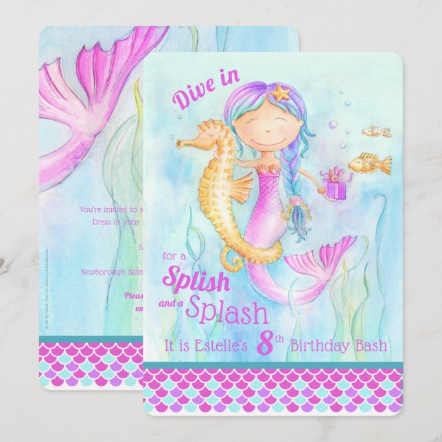 Sjöjungfru Birthday bassäng-inbjudningar Inbjudningar (Fram/baksida)
