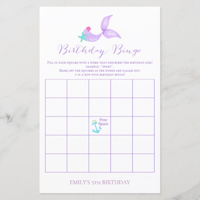 Sjöjungfru Birthday Bingo (Framsida)