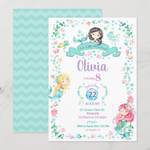 Sjöjungfru Birthday Call Girls Bassäng Party Inbjudningar