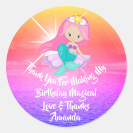 Sjöjungfru Birthday Favor Girl Magic Sunset Rosa Runt Klistermärke