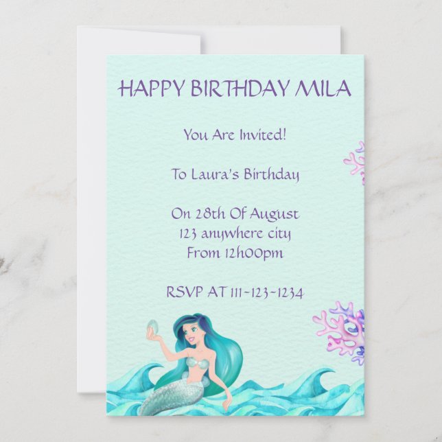 SJÖJUNGFRU BIRTHDAY-INBJUDAN,INBJUDNINGAR,DIGITAL INBJUDNINGAR (Framsida)