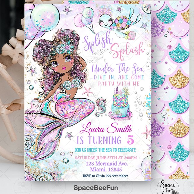 Sjöjungfru Birthday-inbjudan Unicorn Black Sjöjung Inbjudningar (mermaid invitation birthday,Splish Splash Under The Sea, mermaid and unicorn,birthday invitation,mer)