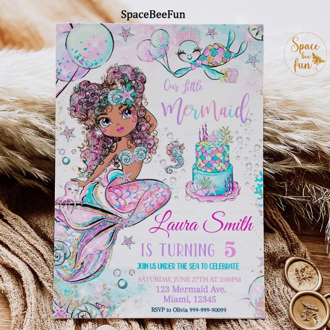 Sjöjungfru Birthday-inbjudan Unicorn Black Sjöjung Inbjudningar (Skapare uppladdad)