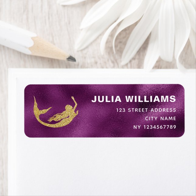 Sjöjungfru Birthday Lila Guld Returadress Etikett (Insitu)