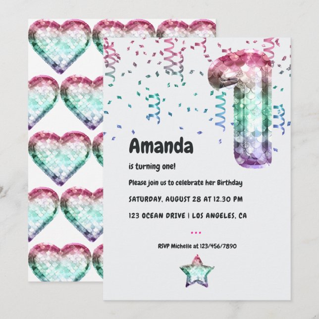 Sjöjungfru Blegon 1:a födelsedagsinbjudan Inbjudningar (Fram/baksida)