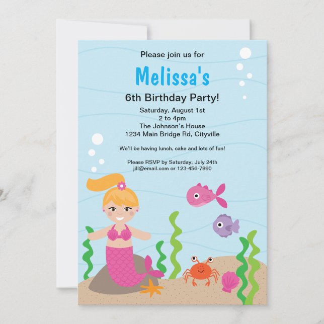 Sjöjungfru Blonde Birthday-inbjudan Inbjudningar (Framsida)