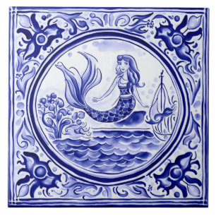 Sjöjungfru Blue and White Mediterranean FolArt Kakelplatta