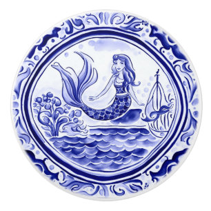 Sjöjungfru Blue and White Mediterranean FolArt Knopp