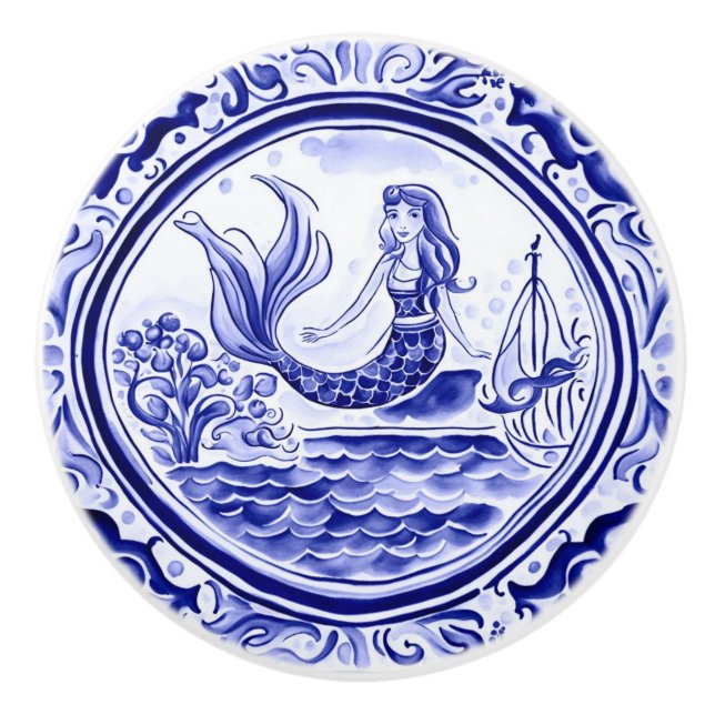 Sjöjungfru Blue and White Mediterranean FolArt Knopp (Framsidan)