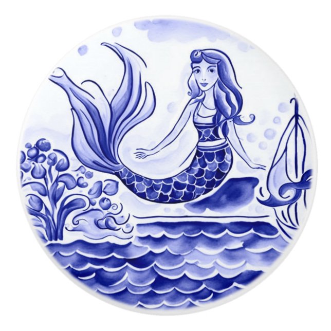Sjöjungfru Blue and White Mediterranean FolArt Knopp (Framsidan)