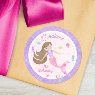 Sjöjungfru Brunt Hair Sea Creaters Lila Birthday Runt Klistermärke