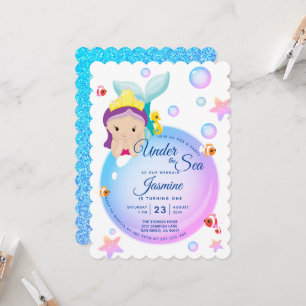 Sjöjungfru Bubbel Glitter Lila Turkos Baby Födelse Inbjudningar