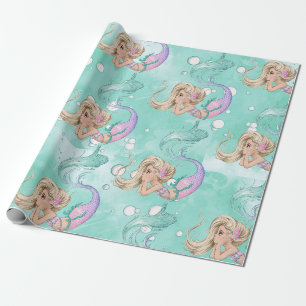 Sjöjungfru Bubbles Cute Rosa Blue Gift Presentpapper