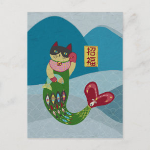 Sjöjungfru cat Manekineko beckoning cat Postcard Vykort