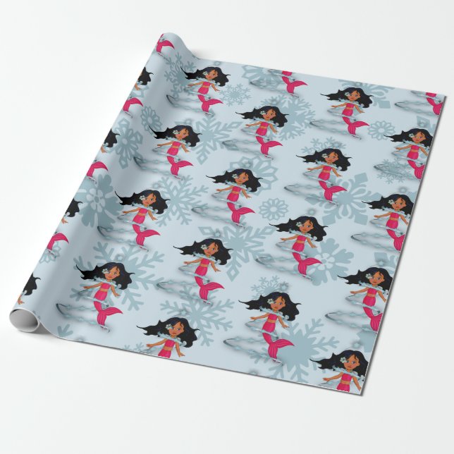 Sjöjungfru Cute Girl Whimsical Snöflingor Presentpapper (Utrullad)