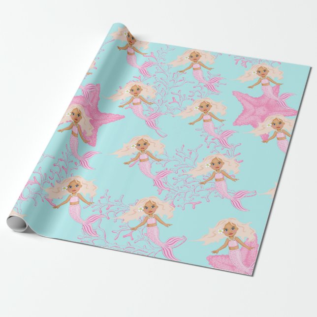 Sjöjungfru Cute Girly Rosa Blue under Sea Presentpapper (Utrullad)