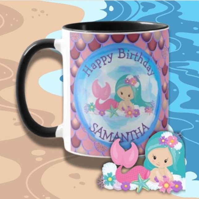 Sjöjungfru Cute Grattis på födelsedagen lila Mugg (Celebrate in style with this adorable Mermaid Cute Happy Birthday Purple Mug)
