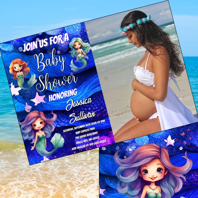 Sjöjungfru Deep Blue Lila Sea Photo Baby Shower Inbjudningar (Stunning deep blue and purple sea Mermaid Baby Shower theme.)
