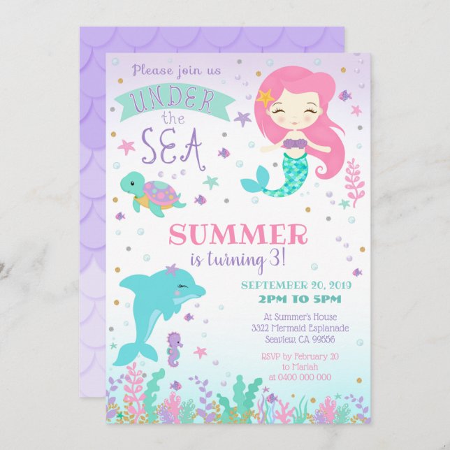 Sjöjungfru Delfin Inbjudan - Under Havet (Fram/baksida)