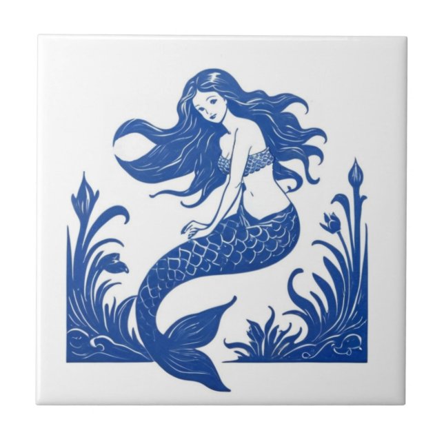 Sjöjungfru Delft Blue and White Sea Life Kakelplatta (Framsidan)