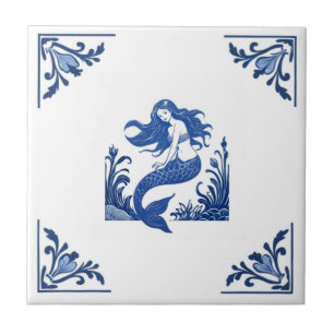 Sjöjungfru Delft Blue- och White-hörn för Blommigt Kakelplatta