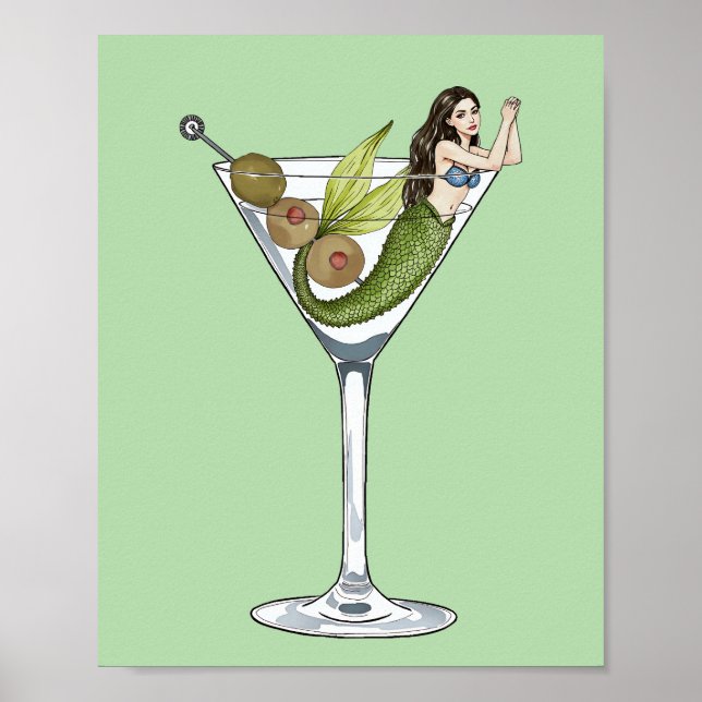 Sjöjungfru Dirty Martini Watercolor Art Print Poster (Framsidan)