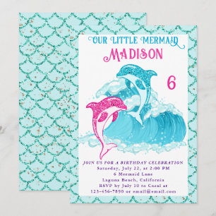 Sjöjungfru Dolfin Blått Hav Ocean Aqua Födelsedags Inbjudningar