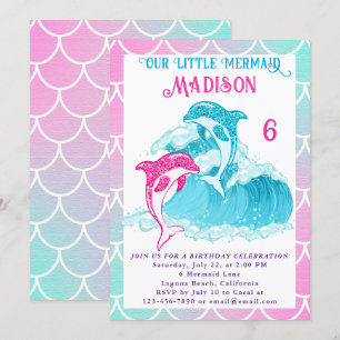 Sjöjungfru Dolfin Blått Hav Ocean Rosa Födelsedags Inbjudningar