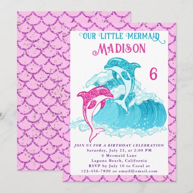Sjöjungfru Dolfin Blått Hav Ocean Rosa Födelsedags Inbjudningar (Fram/baksida)