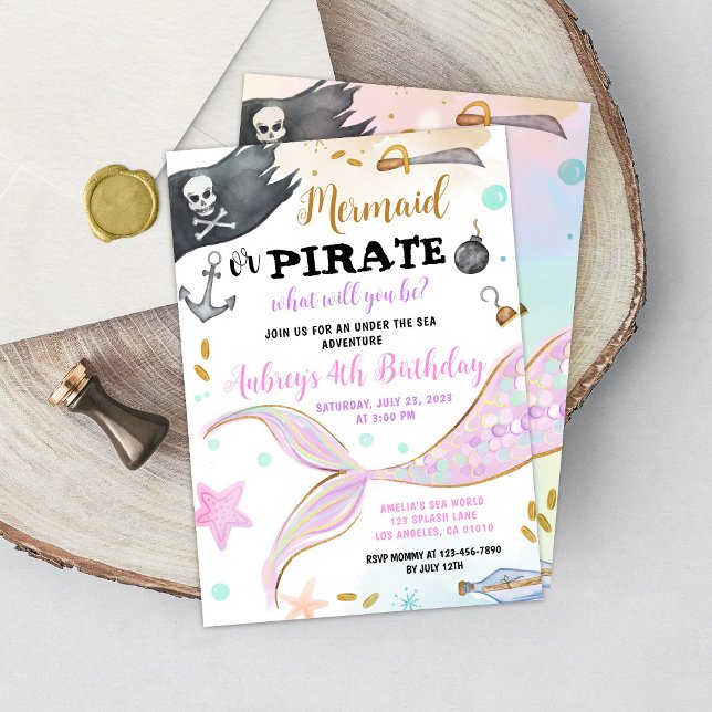 Sjöjungfru eller Pirat under Party Inbjudningar (Mermaid Pirate Birthday Invitation)
