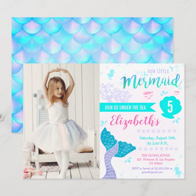 Sjöjungfru eller under Sea Aqua Teal Birthday Phot Inbjudningar (Fram/baksida)